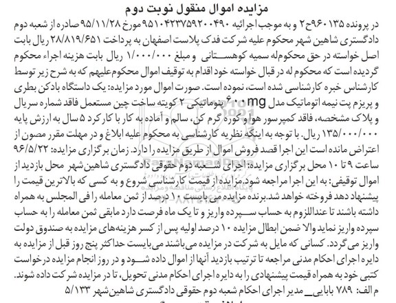 مزایده یک دستگاه بادکن بطری و پریزم پت نیمه اتوماتیک - نوبت دوم 