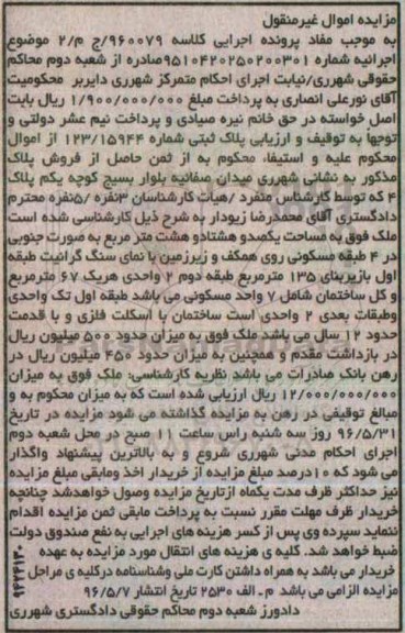 مزایده,مزایده ملک به مساحت یک صد و هشتاد و هشت متر