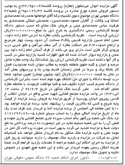 مزایده,مزایده یکباب مغازه مساحت بیست و چهار متر 