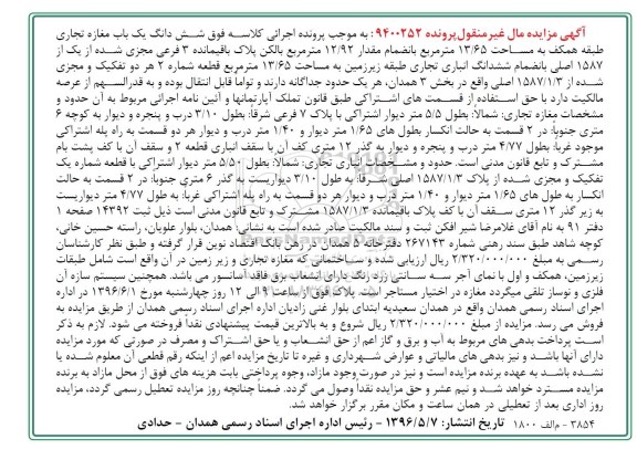 مزایده,مزایده ششدانگ مغازه تجاری مساحت 13.65متر