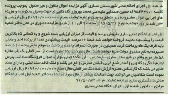 مزایده,مزایده سرقفلی مغازه 58 مترمربع