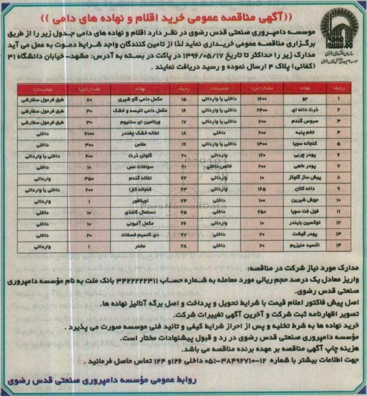 آگهی مناقصه عمومی , مناقصه خرید اقلام و نهاده های دامی
