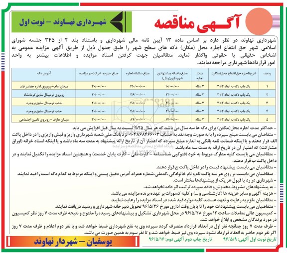 آگهی مزایده,مزایده حق انتفاع اجاره محل مکان دکه ها