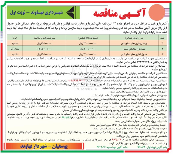 آگهی مناقصه, مناقصه پیاده روسازی معابر سطح شهر و ...