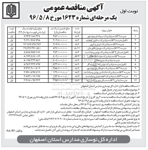 آگهی مناقصه عمومی یک مرحله ای , مناقصه مدرسه 6 کلاسه بنیاد برکت سیبک فریدونشهر ... 