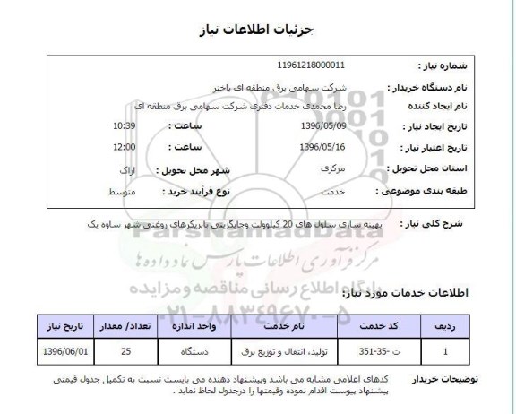 استعلام بهینه سازی سلول های 20 کیلو ولت و جایگزینی با بریکر های روغنی شهر ساوه یک