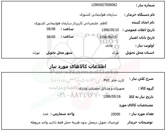 استعلام, استعلام کارت خام PVC