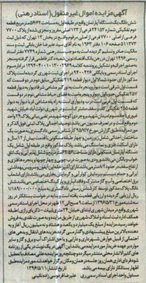 مزایده,مزایده ششدانگ یک دستگاه آپارتمان به مساحت 56/62 مترمربع 