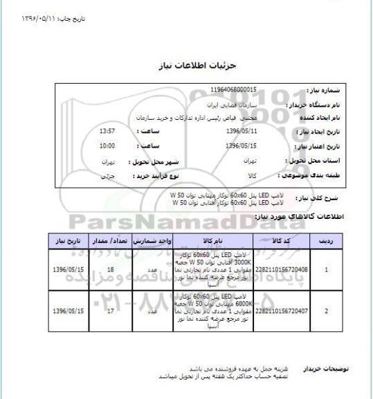 استعلام، استعلام لامپ LED پنل 60*60 توکار مهتابی توان W50 ...