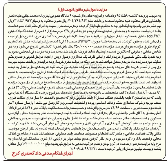 مزایده,مزایده 7.5 سهم مشاع از 12 سهم از ششدانگ پلاک ثبتی
