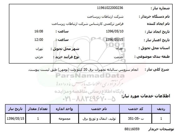 استعلام ​، استعلام انجام سرویس سالیانه تجهیزات برق ...