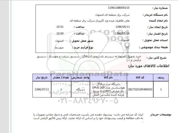 استعلام، استعلام خرید تجهیزات مربوط به سیستم بادسنجی