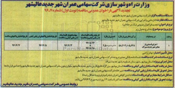 تجدید آگهی فراخوان عمومی مناقصه، مناقصه اجرای قسمتی از معابر شهر جدید سیراف 