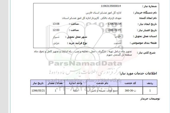 استعلام تجهیز چاه شامل تهیه و بارگیری حمل و تخلیه ...