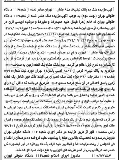 مزایده,مزایده نیم دانگ مشاع یک قطعه زمین مساحت 1504متر