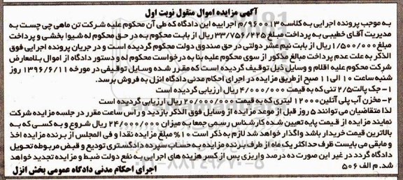 آگهی مزایده اموال منقول, مزایده جک پالت 2/5 تنی - مخزن آب پلی اتلین