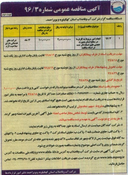 آگهی فراخوان مناقصه عمومی, فراخوان مناقصه انجام امور مربوط به کارفرما در سطح استان بصورت حجمی  نوبت دوم 