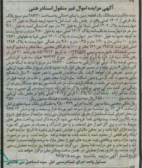 مزایده ,مزایده سند مالکیت ششدانگ زمین مساحت 286.20متر 