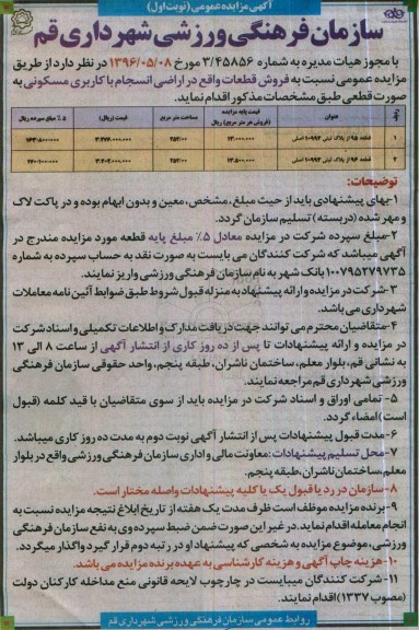 مزایده ,مزایده فروش قطعات کاربری مسکونی هرکدام 252.00متر