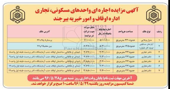 آگهی مزایده , مزایده اجاره واحدهای مسکونی ، تجاری