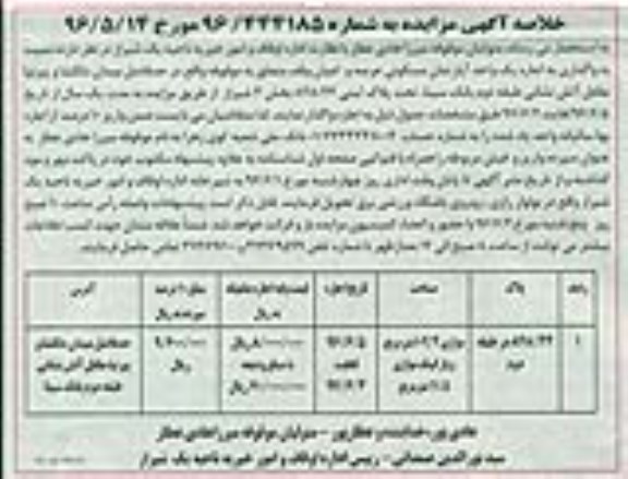 مزایده,مزایده واگذاری آپارتمان مسکونی مساحت 102.4متر