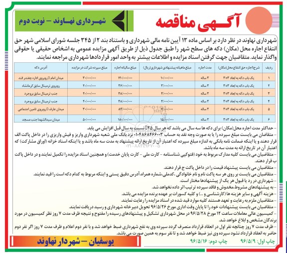 آگهی مزایده,مزایده حق انتفاع اجاره محل مکان دکه ها - نوبت دوم