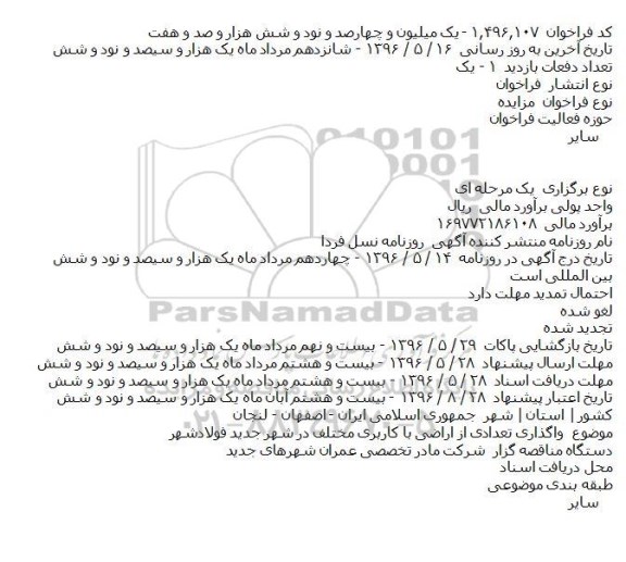 مزایده ، مزایده واگذاری تعدادی از اراضی با کاربریهای مختلف در شهر جدید فولادشهر 96.5.17