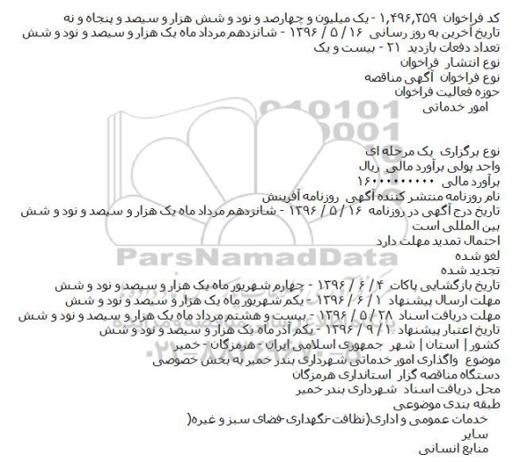 آگهی مناقصه، مناقصه واگذاری امور خدماتی شهرداری بندر خمیر به بخش خصوصی