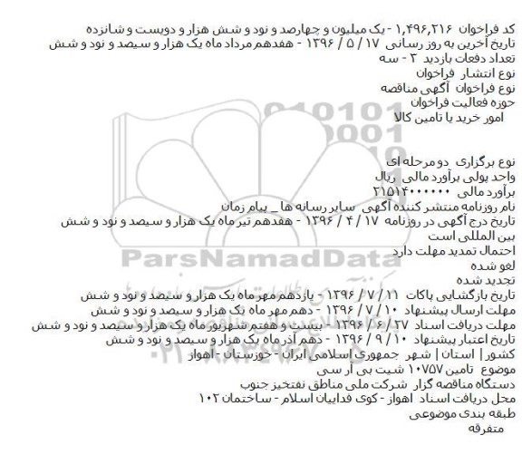 فراخوان مناقصه , فراخوان مناقصه تامین ۱۰۷۵۷ شیت بی آر سی    