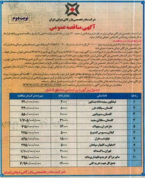آگهی مناقصه عمومی,مناقصه  روغن کشی از حدود 120 هزار تن دانه کلزای تولید داخلی- نوبت دوم 