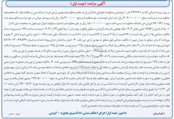 مزایده,مزایده آپارتمان مسکونی عرصه 176متر