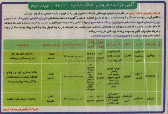 مزایده ,مزایده فروش اموال غیرمنقول املاک نوبت دوم