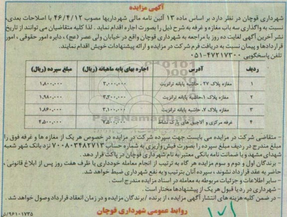 آگهی مزایده,مزایده واگذاری سه باب مغازه و غرفه