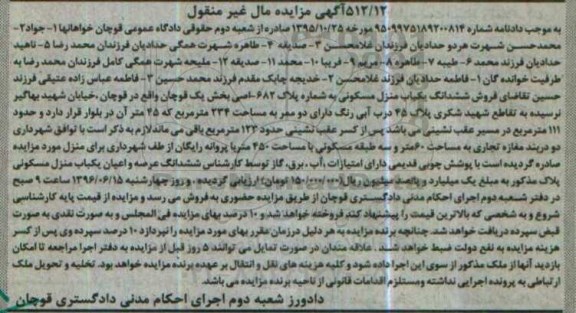 مزایده,مزایده ششدانگ منزل مسکونی بخش یک قوچان