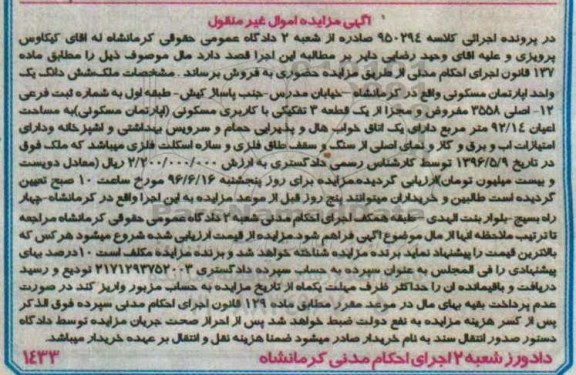 مزایده ششدانگ یک باب واحد آپارتمان مسکونی کلاسه 950294