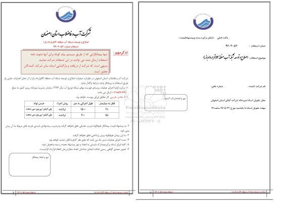 استعلام ,استعلام اصلاح و توسعه شبکه آب منطقه 4