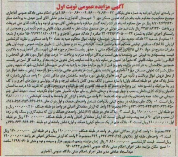 مزایده,مزایده عمومی اموال به تعداد 40 واحد مسکونی نوبت اول