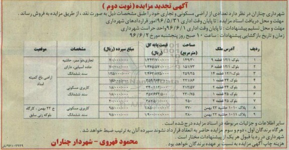 مزایده ,مزایده فروش تعدادی از اراضی مسکونی و تجاری تجدید نوبت دوم 