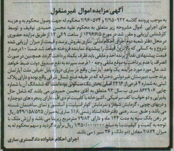 مزایده,مزایده یک واحد اپارتمان زیربنای 79.83متر