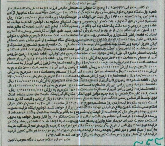 مزایده,مزایده نه قطه زمین مزروعی و سه دانگ یک حلقه چاه آب