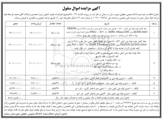 مزایده ,مزایده خط کامل تولید لوله پلی اتیلن 