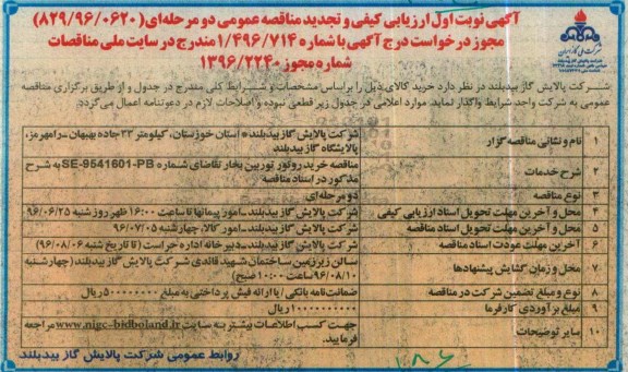  ارزیابی کیفی و تجدید مناقصه عمومی , ارزیابی کیفی و مناقصه خرید روتور توربین بخار تجدید