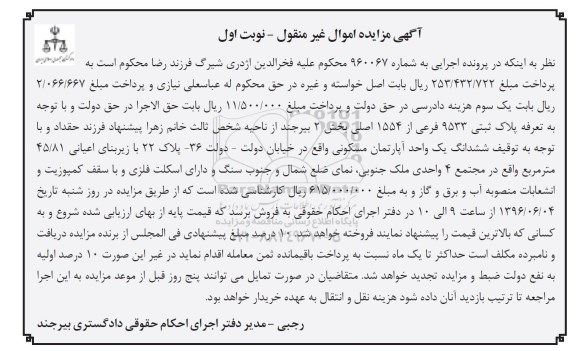 مزایده,مزایده ششدانگ اپارتمان زیربنای اعیان 45.81متر