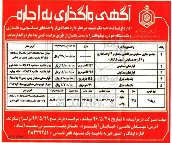 آگهی واگذاری به اجاره, مزایده واگذاری به اجاره تعدادی از واحدهای مسکونی و تجاری و یک دستگاه خودرو