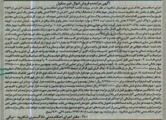 مزایده 4 دانگ از ششدانگ پلاک ثبتی دو فرعی