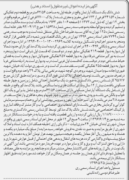 مزایده ششدانگ آپارتمان مساحت 62.56متر