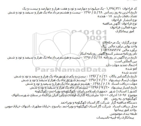 مناقصه اجرای ۱۵۰۰۰ متر شبکه گذاری فولادی و پلی اتیلن