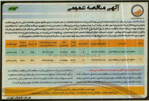 آگهی مناقصه عمومی, مناقصه انجام عملیات اجرایی لوله گذاری و احداث شبکه فاضلاب