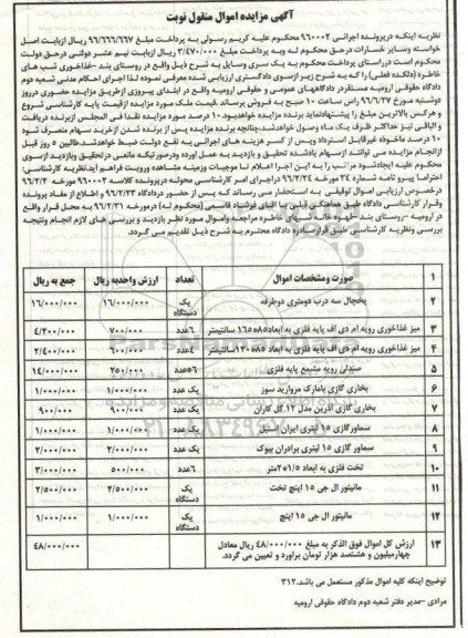 آگهی مزایده اموال ,مزایده یخچال سه درب و ...