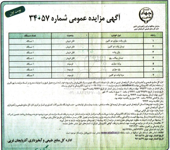 آگهی مزایده عمومی,مزایده تعداد 8 دستگاه خودرو سبک قابل فروش و فرسوده